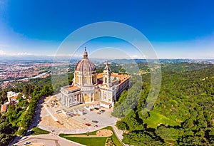 Beautifull aerial panoramic view to the famous from the drone Basilica of Superga in sunny summer day. The cathedral