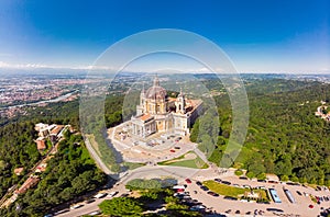 Beautifull aerial panoramic view to the famous from the drone Basilica of Superga in sunny summer day. The cathedral church