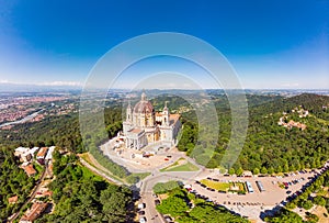 Beautifull aerial panoramic view to the famous from the drone Basilica of Superga in sunny summer day. The cathedral church