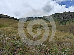 Beautifull calm landscape of mountains and grasslands captured at Horton Plains National Park, Sri Lank