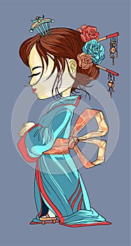 Beautifull japanese cartoon girl in kimono. face in profile. Young Geisha with old blue kimono makeup maiko hair style shy