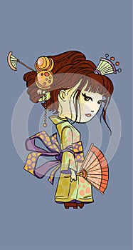Beautifull japanese girl stand in green kimono. Young Geisha with japanese fan. Cartoon woman character. Japanese at the festival