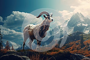 A Beautiful Mouflon on the background of the mountains