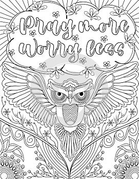 Beautifull Owl Drawing Flying Low Forward Below Insparational Message Surrounded By Flowers. Pretty Bird Floating