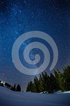 Beautifull scenery of a night winter starry sky above pine forest, long exposure photo of midnight stars and snowy woods