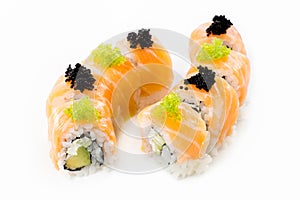 Beautifull sushi roll, white background