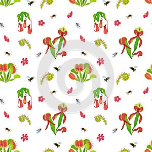 Beautifull tropical seamless pattern with carnivorous plants and insects. Summer print with unusual exotic Rafflesia