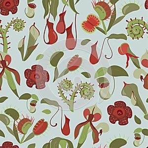 Beautifull tropical seamless pattern with carnivorous plants. Summer print with unusual Rafflesia, Nepenthes, Venus