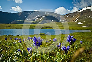 Beautifull view to snow mountains and clear lake