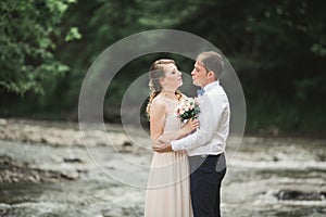 Beautifull wedding couple kissing and embracing near the shore of a mountain river with stones