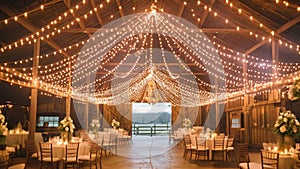 A beautifully adorned barn interior with rustic touches, transformed for a romantic wedding ceremony, Rustic barn wedding with