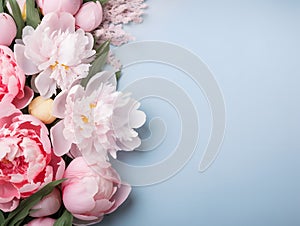 Vibrant Springtime Peony Display on a Pastel Blue Background for a Floral Banner. Generative AI