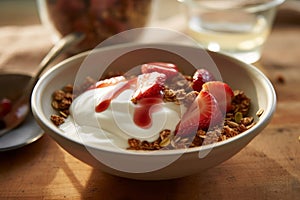 A beautifully arranged bowl of Greek yogurt topped with fresh strawberries, granola, and a drizzle of honey, illustrating a