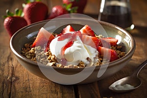 A beautifully arranged bowl of Greek yogurt topped with fresh strawberries, granola, and a drizzle of honey, illustrating a