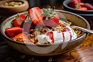 A beautifully arranged bowl of Greek yogurt topped with fresh strawberries, granola, and a drizzle of honey, illustrating a