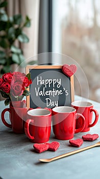 Romantic breakfast table setting featuring red mugs, roses, and a festive chalkboard for Valentine\'s Day celebration photo
