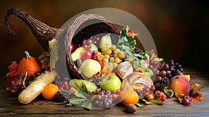 Thanksgiving cornucopia overflowing with fruits and bread on a rustic wooden table