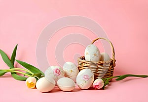 Easter Basket with White and Floral Decorated Eggs on Pink Background