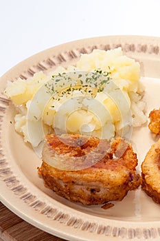 Beautifully arranged fried fish with potato salad