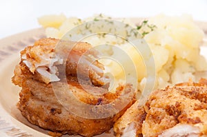 Beautifully arranged fried fish with potato salad