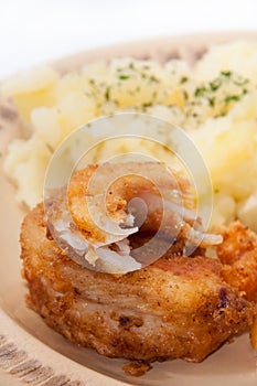 Beautifully arranged fried fish with potato salad