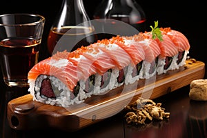 Beautifully arranged japanese sushi rolls with chopsticks and condiments on traditional tableware