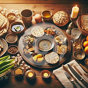 Traditional passover seder plate with festive foods and warm candlelight