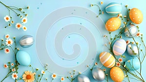 Easter Eggs and Daisies on Light Blue Background â Spring Holiday Decoration