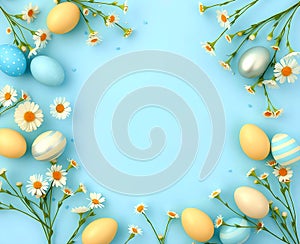 Easter Eggs and Daisies on Light Blue Background â Spring Holiday Decoration