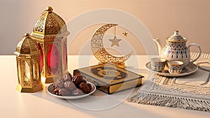 Islamic Ramadan and Eid Celebration with Lanterns, Quran, Dates, and Tea