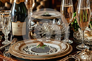 A beautifully arranged table set for a special and elegant dinner occasion, complete with champagne, A lavish table set with fresh