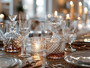 Beautifully arranged table showcasing vintage handcrafted glassware, delicate glasses and decanters, elegant dining setting photo
