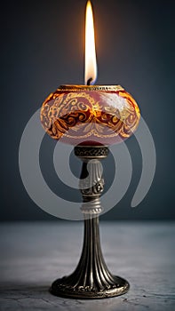 A beautifully burning thick, ornate candle.