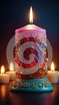 A beautifully burning thick, ornate candle.