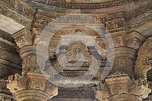 Beautifully carved pillars and ceiling of the Sun Temple. Built in 1026 - 27 AD during the reign of Bhima I of the Chaulukya