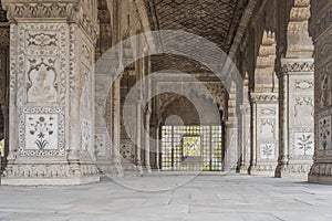 Beautifully carved pillars in Red Fort in New Delhi, India. It was built in 1639