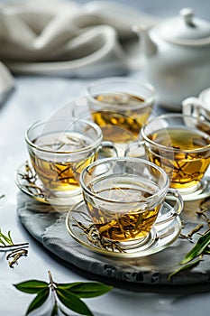 Beautifully composed image capturing four cups of golden herbal tea