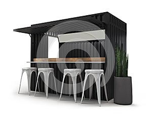 Beautifully converted shipping container in the into modern cafe bar restaurant, 3d rendering, mockup.