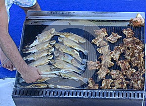 Beautifully cooked fried pieces of quail meat and whole trout fish on an electric grill on a yacht in the open sea. The concept of