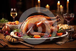 A beautifully cooked turkey on a plate with a glass of red wine, ready to be served for a festive Thanksgiving dinner, A roasted