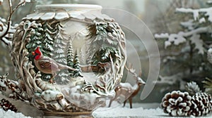 A beautifully crafted ceramic vase featuring a handcarved design of a snowy forest with deer and a red cardinal.