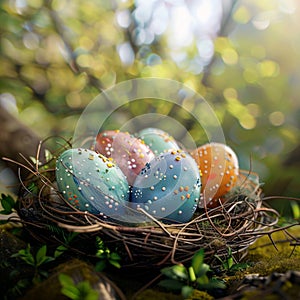 Beautifully crafted Easter eggs resting in a nest, heralding spring