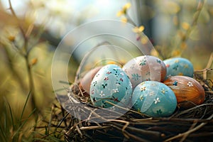 Beautifully crafted Easter eggs resting in a nest, heralding spring