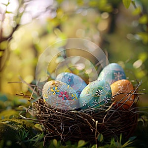 Beautifully crafted Easter eggs resting in a nest, heralding spring