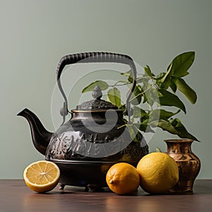 Rustic Elegance: Stone Tea Kettle and Bergamots on Wooden Table photo