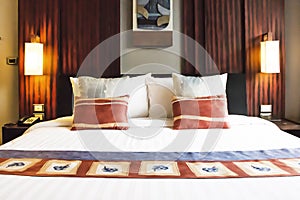 The beautifully decorated bedroom in the hotel