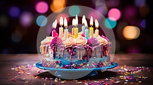 A beautifully decorated birthday cake with colorful candles ablaze