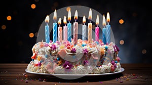 A beautifully decorated birthday cake with colorful candles ablaze