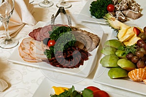 Delicacies and snacks in the buffet. Seafood. A gala reception. Banquet. Catering