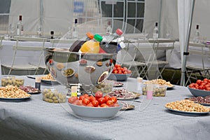 Beautifully decorated catering banquet table, different food snacks and appetizers